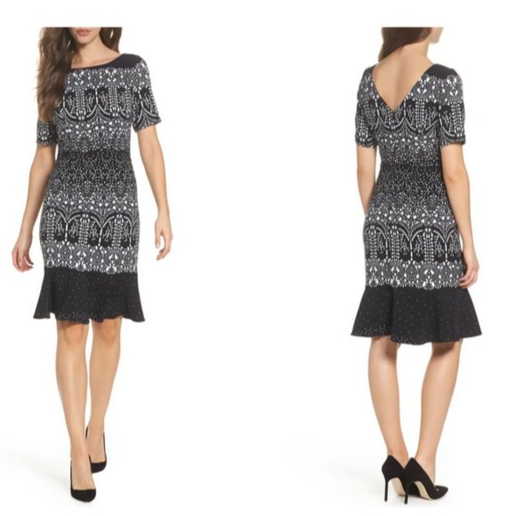 Adrianna Papell Women's Majesty Lace Print Fit & Flare Black & White Dress - Picture 1 of 10